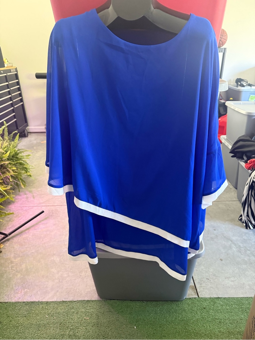 Blue Asymmetrical Chiffon Women’s Top with White Trim p70